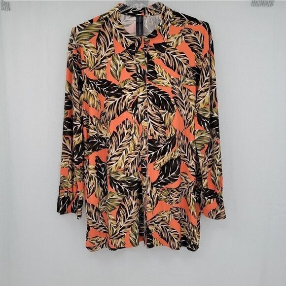 Norma Kamali Vibrant Tropical Leaf Print Tunic Blouse Women's Large 40 - Picture 2 of 13